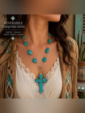 Reversible Faux Turquoise Cross Holy Spirit Dove Necklace Southwestern Boho